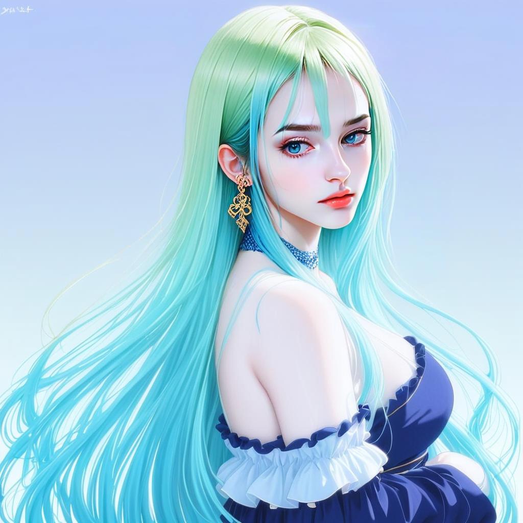 Anime Illustration of Woman with Turquoise Hair in Elegant Dress