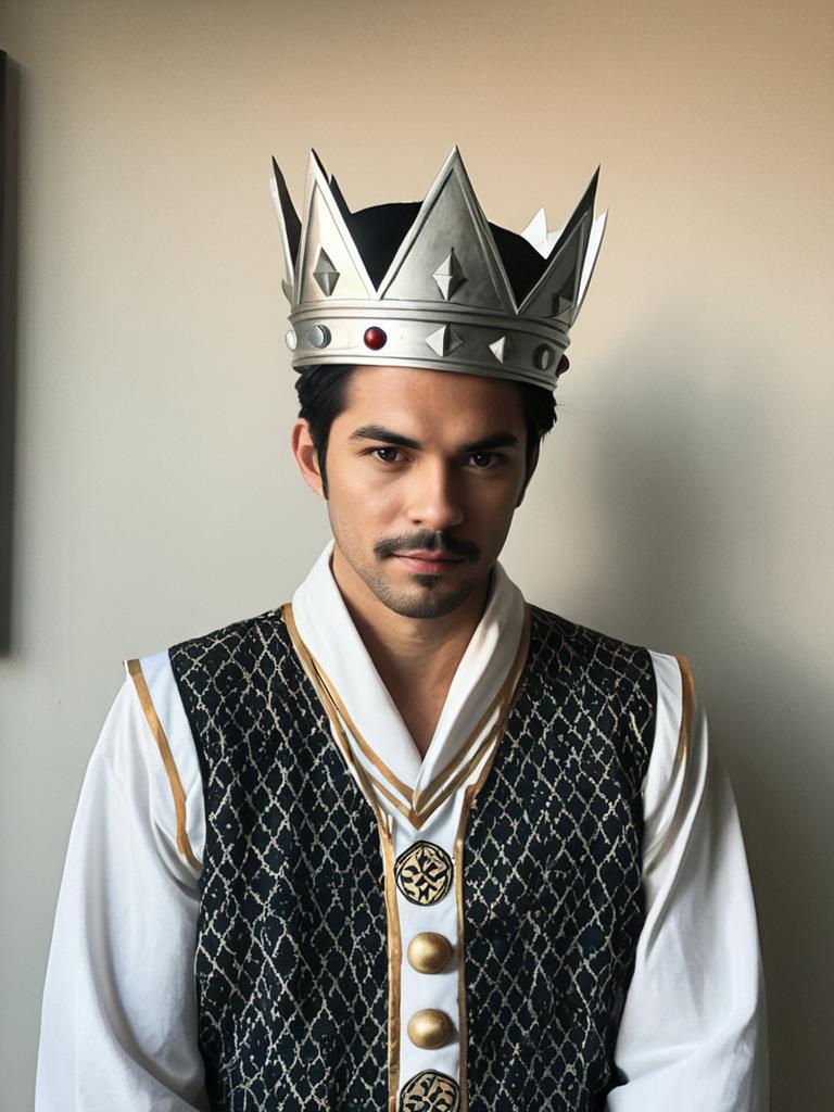 Man in Realistic Skar King Costume with Silver Crown and Medieval Style Vest