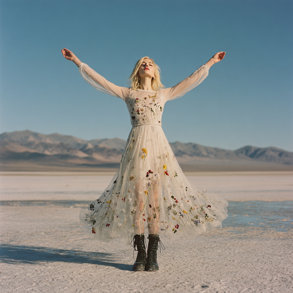 Blonde Woman in Sheer Dress on Salt Flats