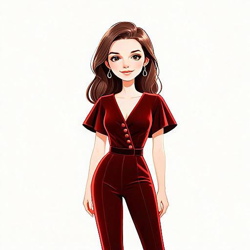 Sophisticated Woman with Pretty Face and Hair in Red Jumpsuit Digital Illustration