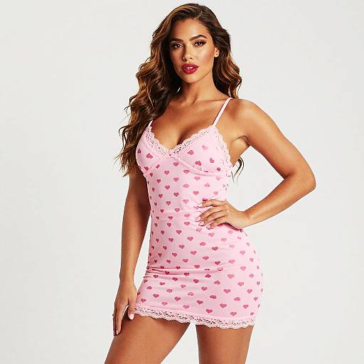 Woman Wearing Pink Heart Print Mini Slip Dress with Lace Trim