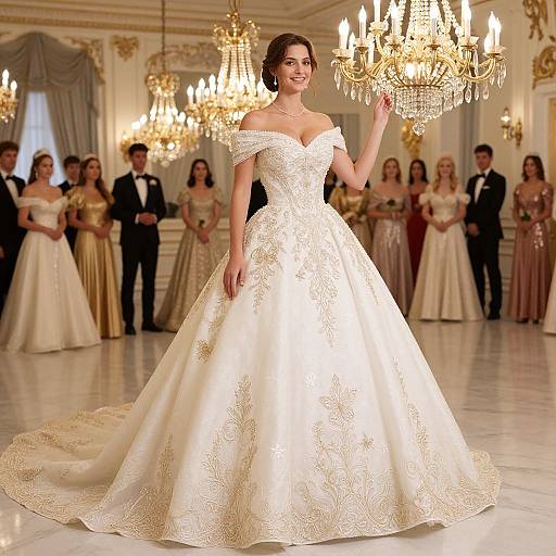 Elegant Woman in Ornate White and Gold Ball Gown in Luxurious Ballroom