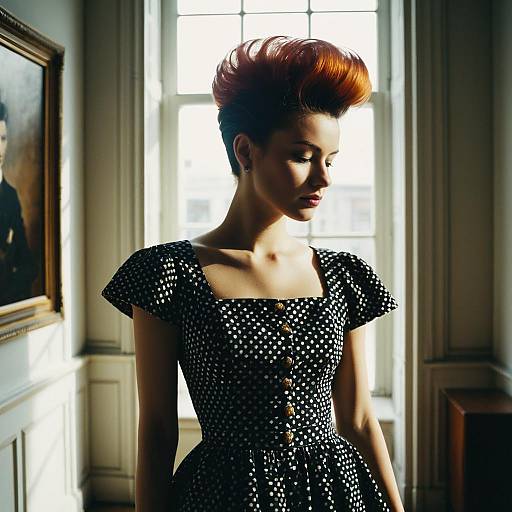 Retro Styled Woman with Pompadour Hairstyle in Polka Dot Dress