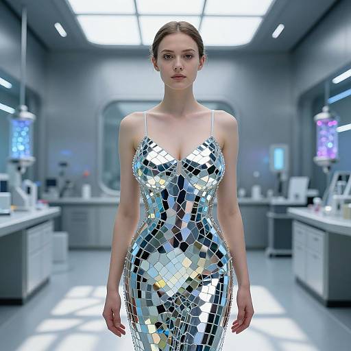 Woman in Mirrored Mosaic Dress in Futuristic Laboratory