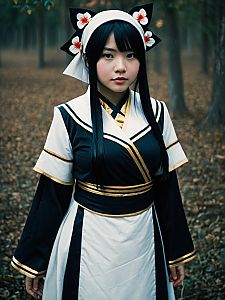 Realistic Nakime Cosplay Woman in Traditional Costume Outdoors
