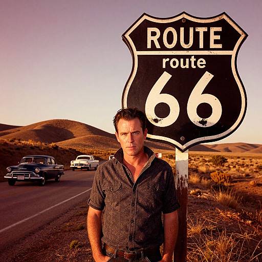 Man by Route 66 Sign with Vintage Cars in Desert Landscape