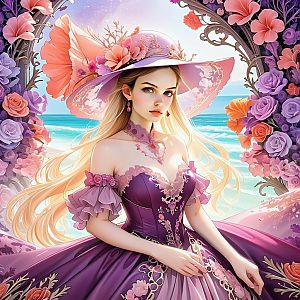 Young Woman in Victorian Purple Dress by the Sea