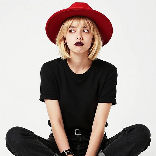 Stylish Woman in Red Hat and Black Outfit Sitting Cross-Legged