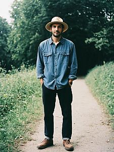 Man Wearing Hat and Denim Shirt Full Body Outdoor Editorial Photo