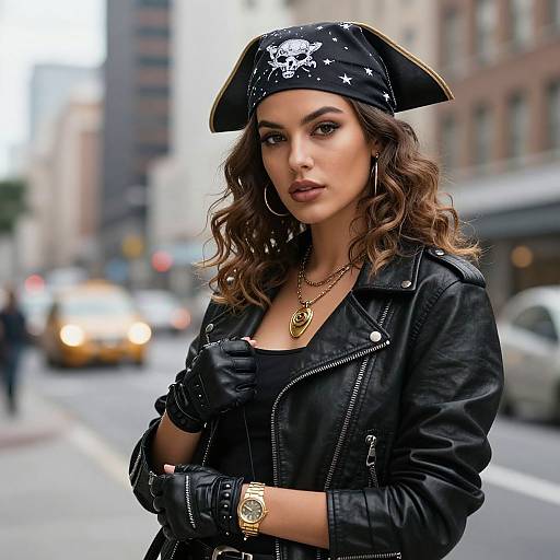 Stylish Woman in Black Leather Jacket and Pirate Bandana on City Street
