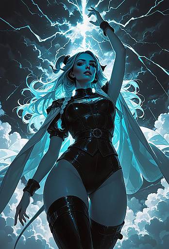 Dasiwa Illustrious Woman in Black Leather with Lightning Storm Fantasy Illustration