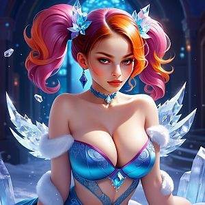 Fantasy Woman with Crystal Wings and Vibrant Hair in Icy Blue Outfit