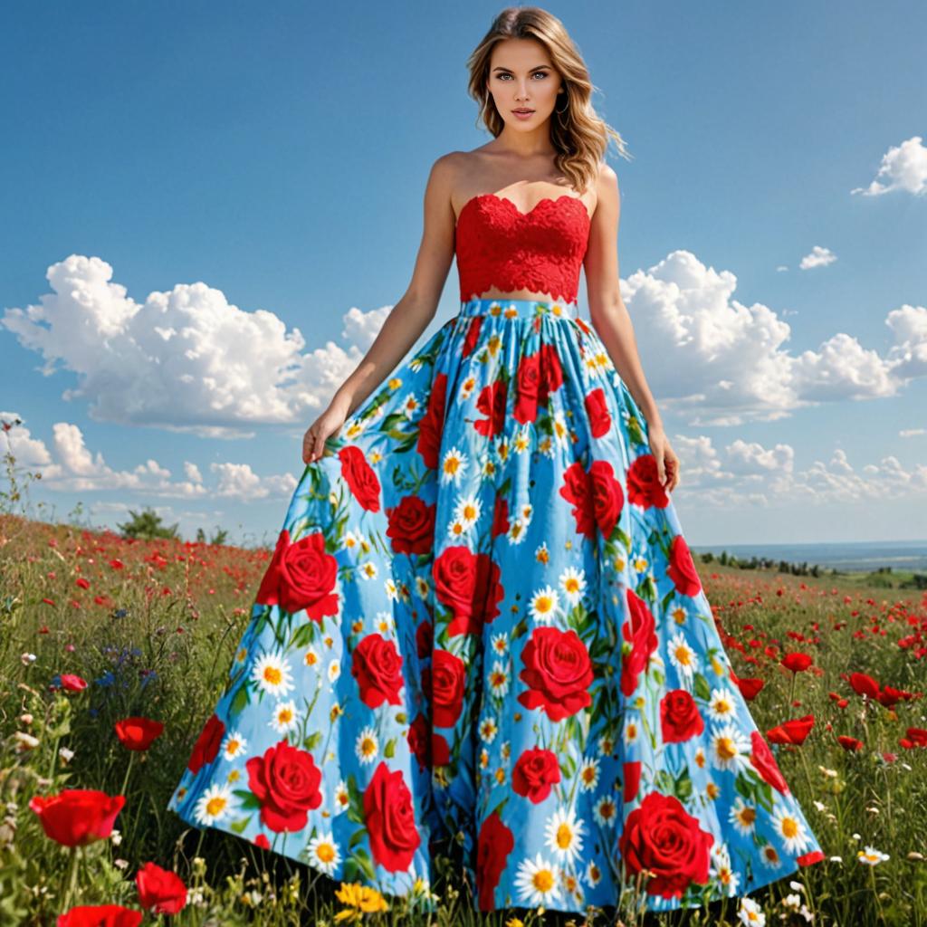 Boho-Chic Woman in Red Strapless Maxi Dress with Floral Print