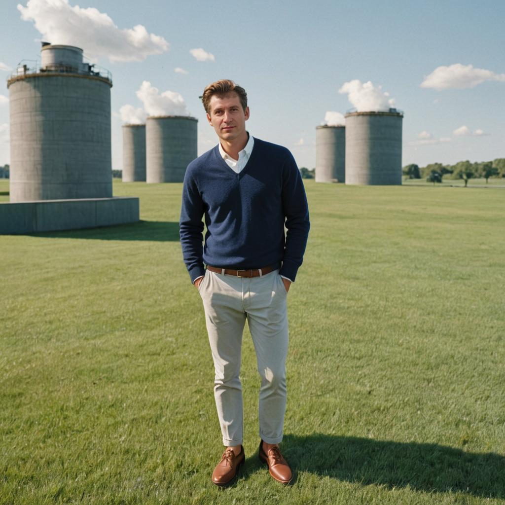 Confident Man in Field with Industrial Silos