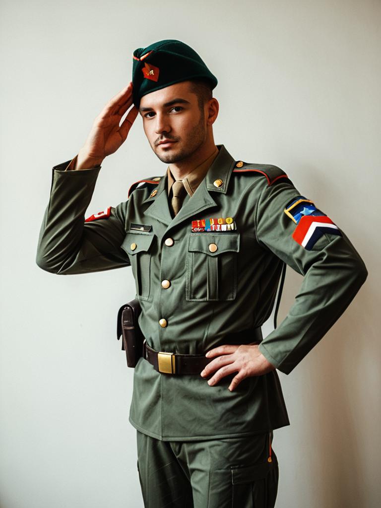 Man Cosplay Wearing Realistic Soldier Costume with Green Beret and Military Medals