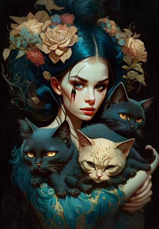 Fantasy Digital Portrait of Woman with Blue Hair and Cats