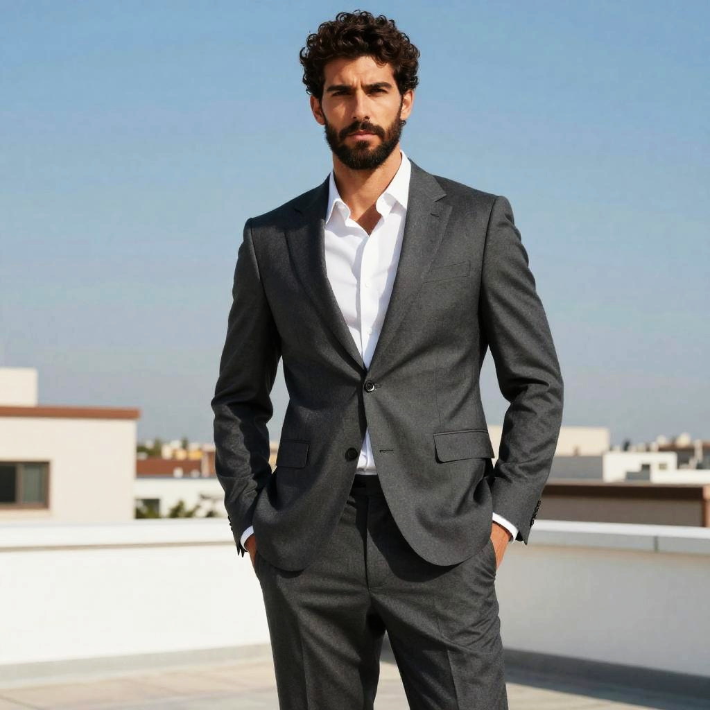 Confident Man in Tailored Gray Suit on Rooftop