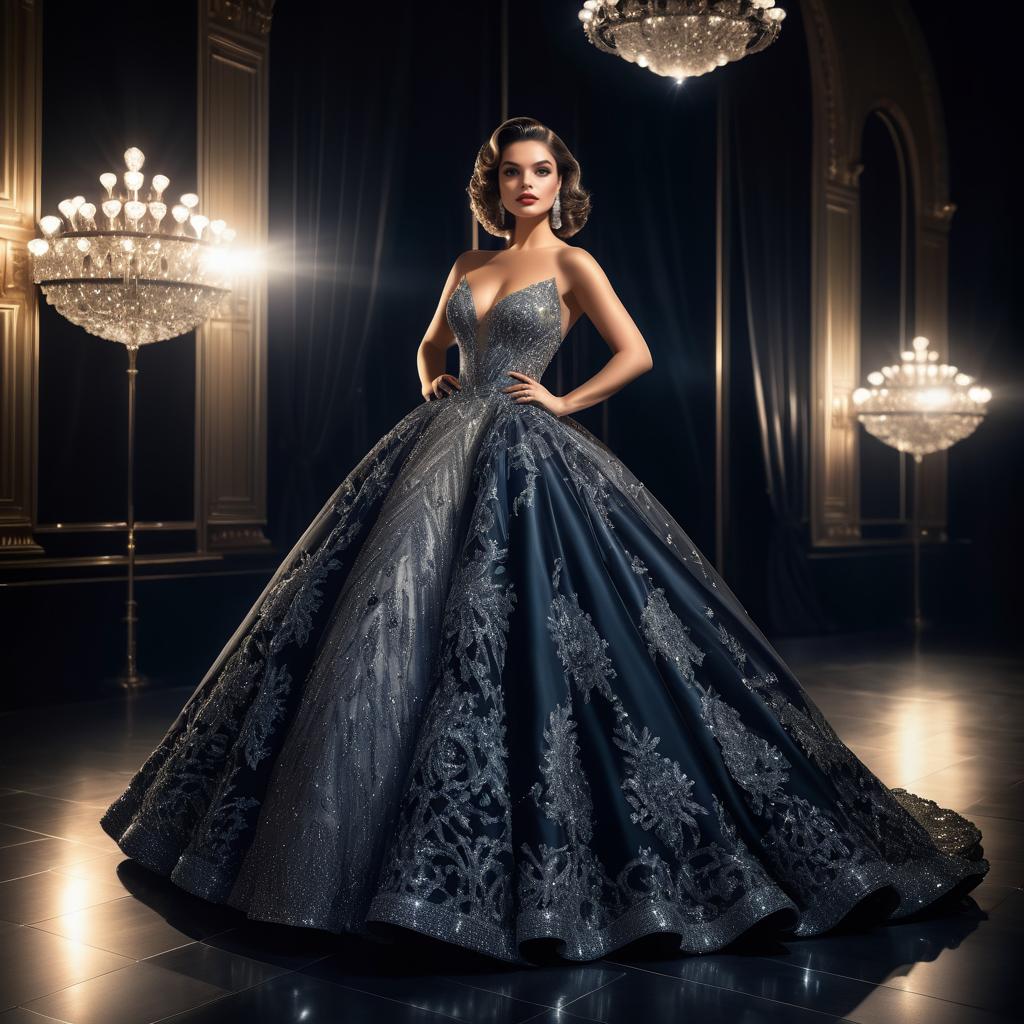 Elegant Woman in Evening Gown at Grand Ballroom