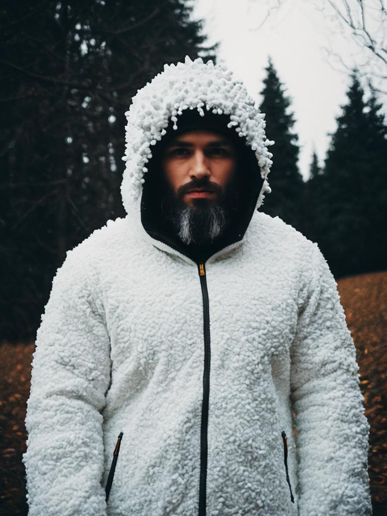 Man Wearing Realistic Abomasnow Cosplay Costume Outdoors