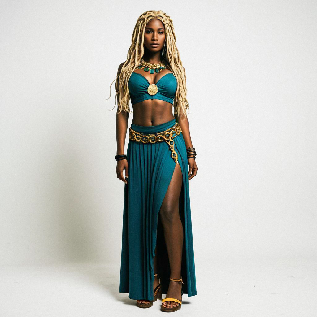Confident Woman in Teal Costume with Gold Accents Confident Woman in Teal Costume with Gold Accents