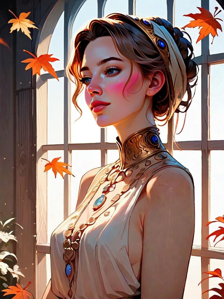 Elegant Fantasy Portrait of Woman in Autumn Setting with Ornate Jewelry