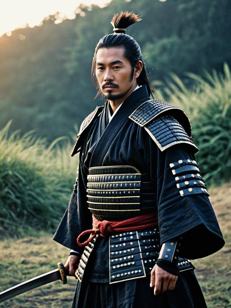 Photorealistic Outdoor Portrait of Man in Traditional Samurai Costume at Dawn