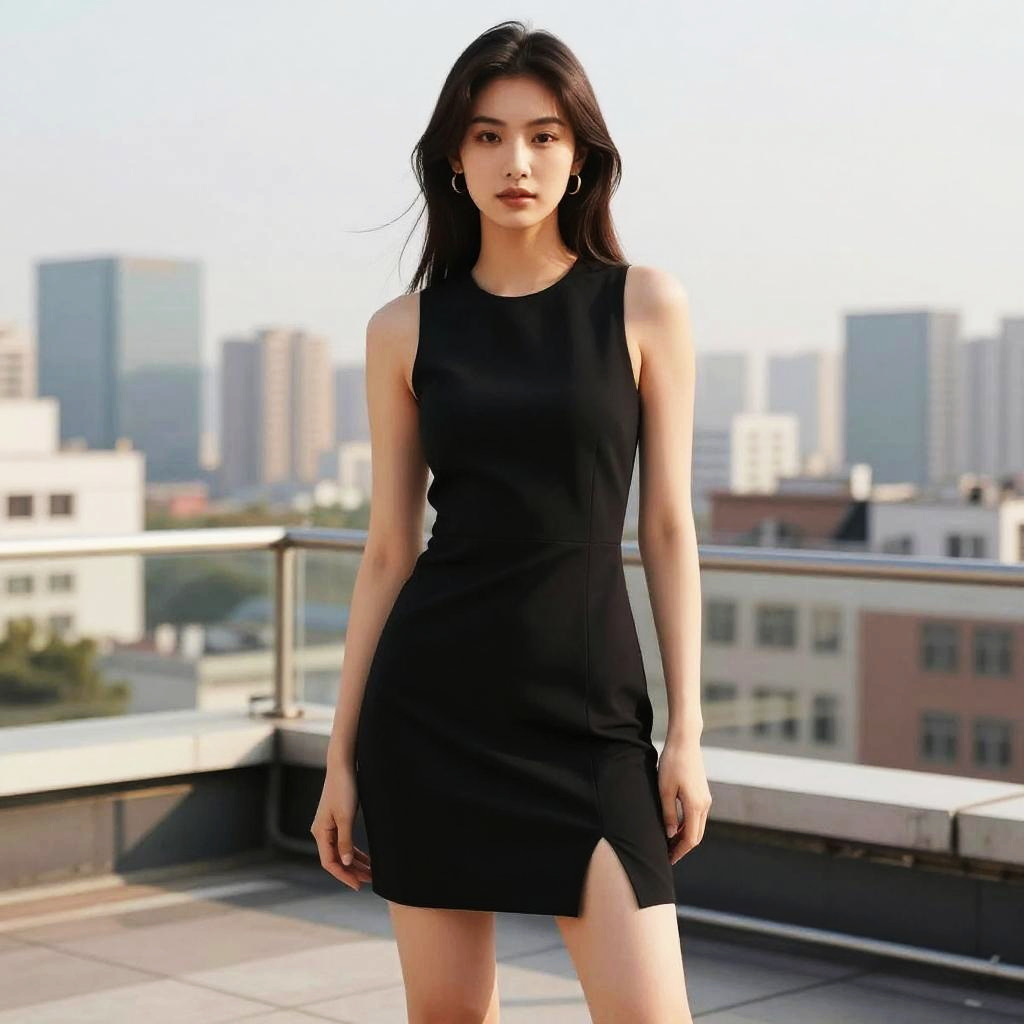Modern Gen Z Woman Wearing Sleek Black Mini Dress on Rooftop