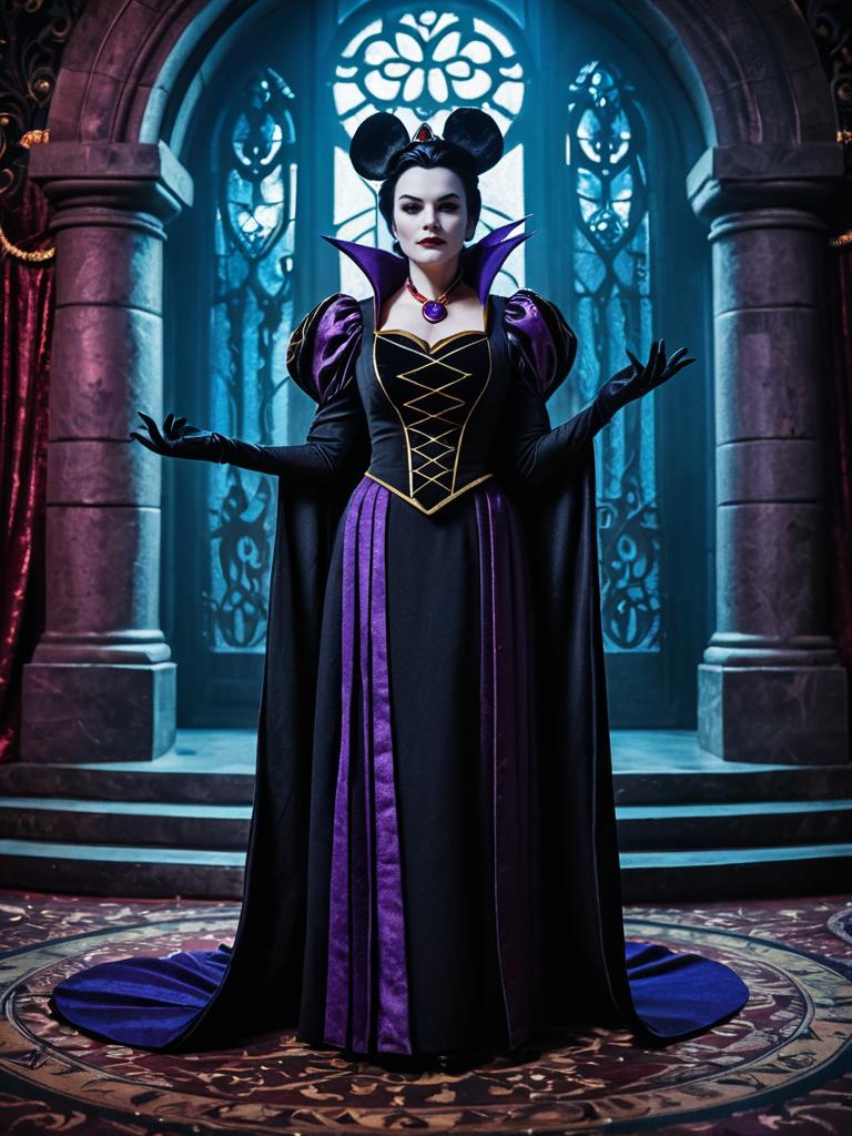 Woman in Disney Villain Costume Full Body Cosplay Photo in Fantasy Castle Background