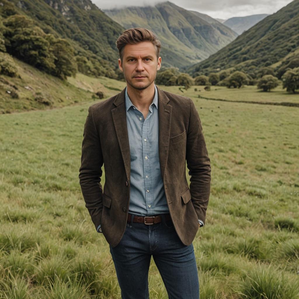 Man in Brown Blazer in Lush Green Valley