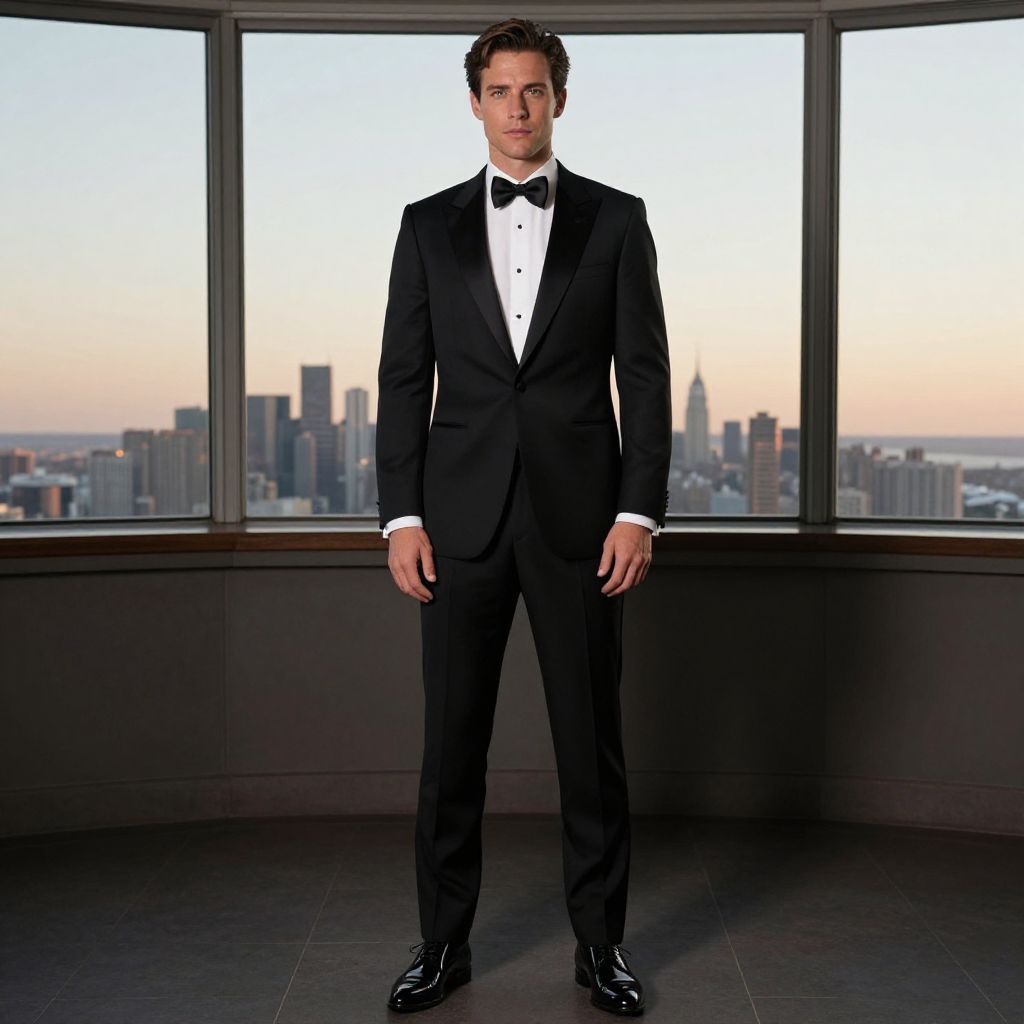 Man in Classic Black Tuxedo with Bow Tie Standing by City Skyline