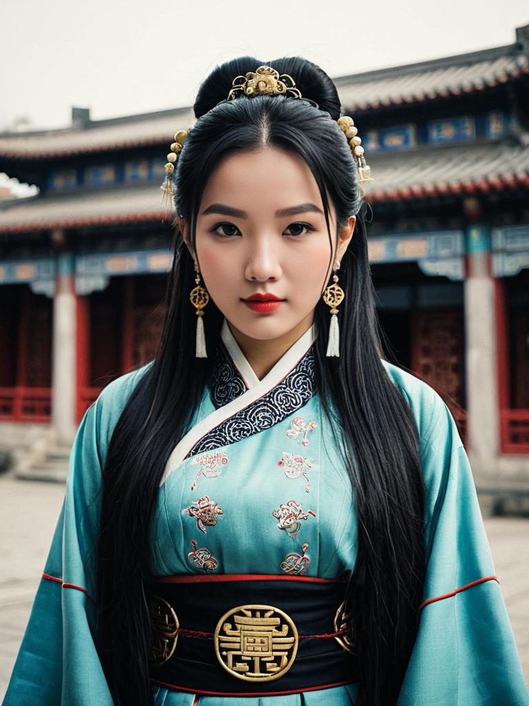 Traditional Chinese Costume Woman with Long Black Hair and Jewelry