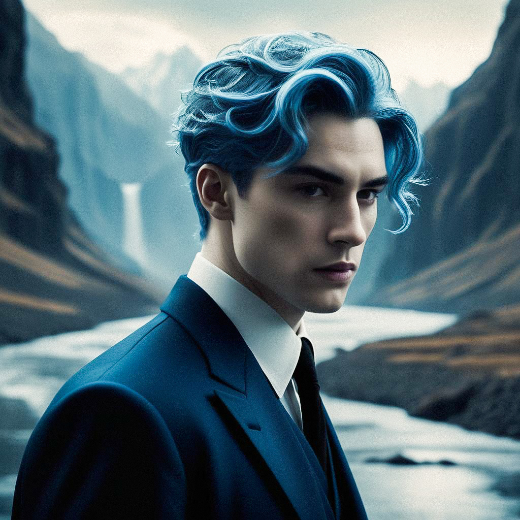 Young Man with Blue Hair in Dramatic Landscape Young Man with Blue Hair in Dramatic Landscape