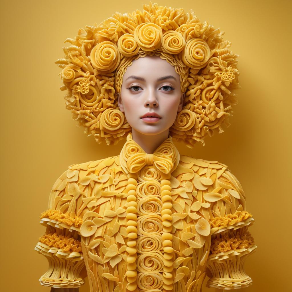 Woman in Pasta Dress Against Yellow Background