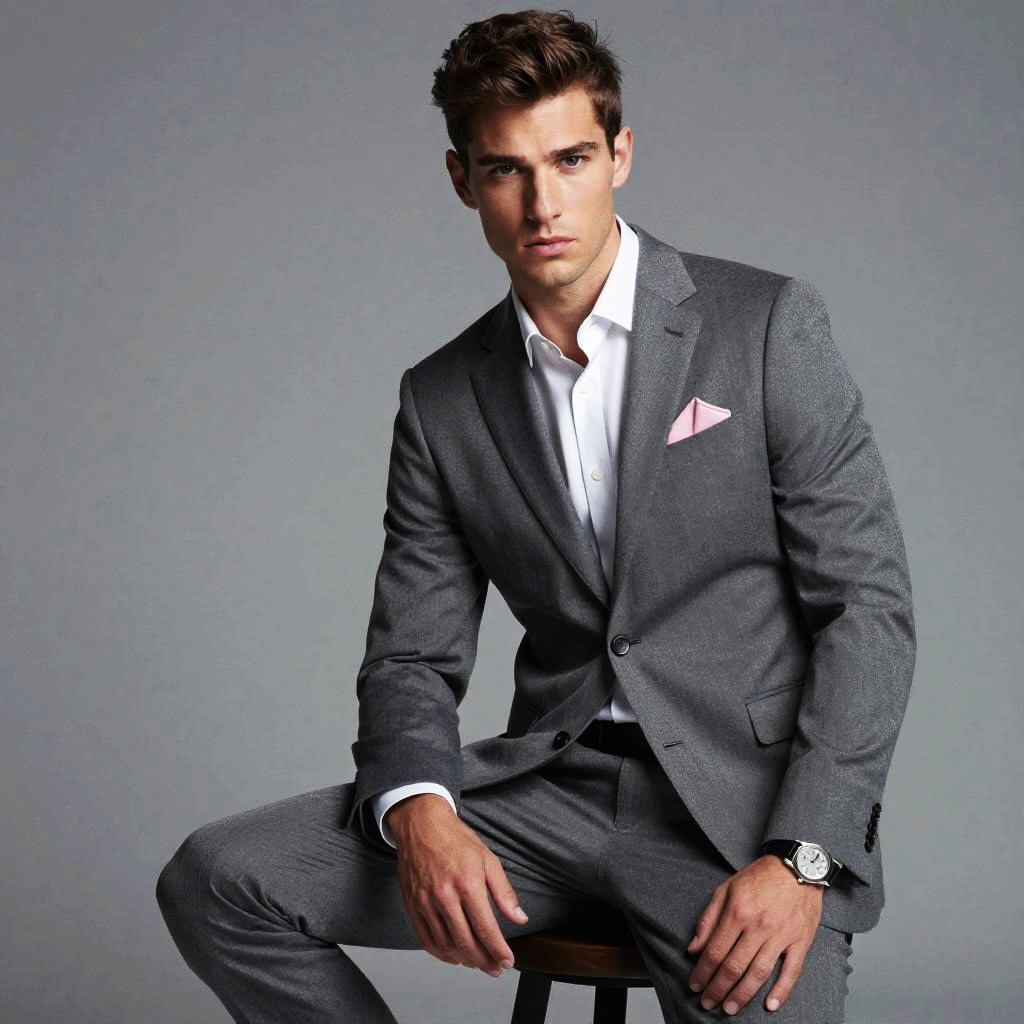 Confident Young Man in Grey Suit with Pink Pocket Square