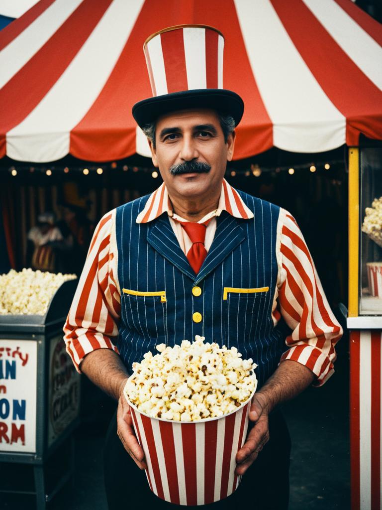 Man in Circus Popcorn Seller Costume Holding Popcorn Bucket Waist-Up