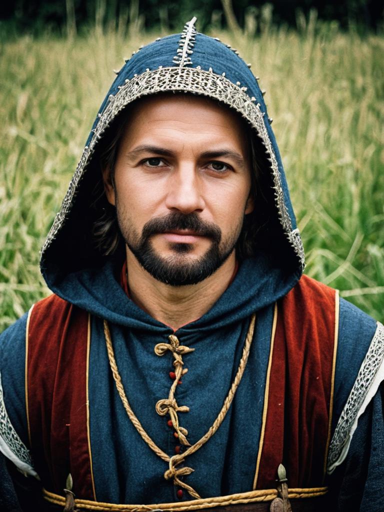 Medieval Peasant Man in Detailed Historical Cosplay Costume