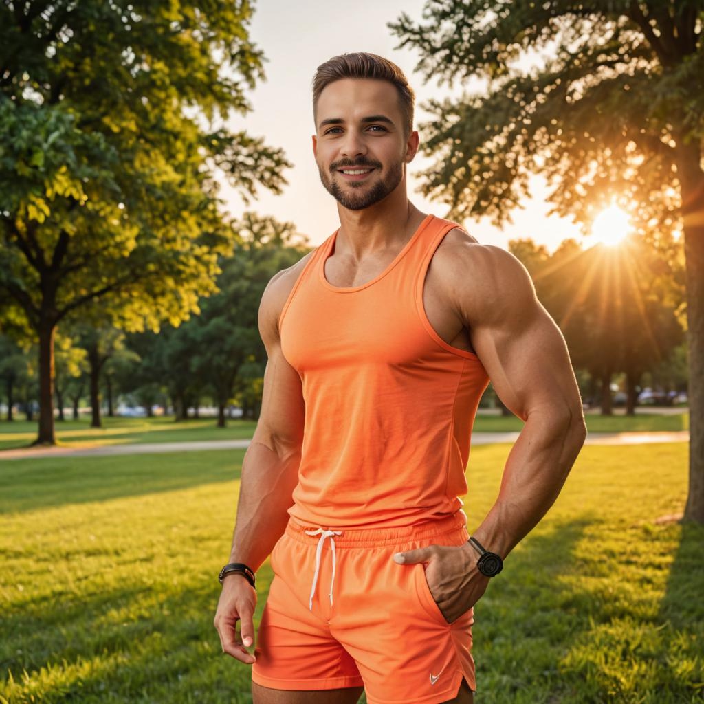 Fit Man in Orange Fitness Attire Showcasing Biceps at Sunset