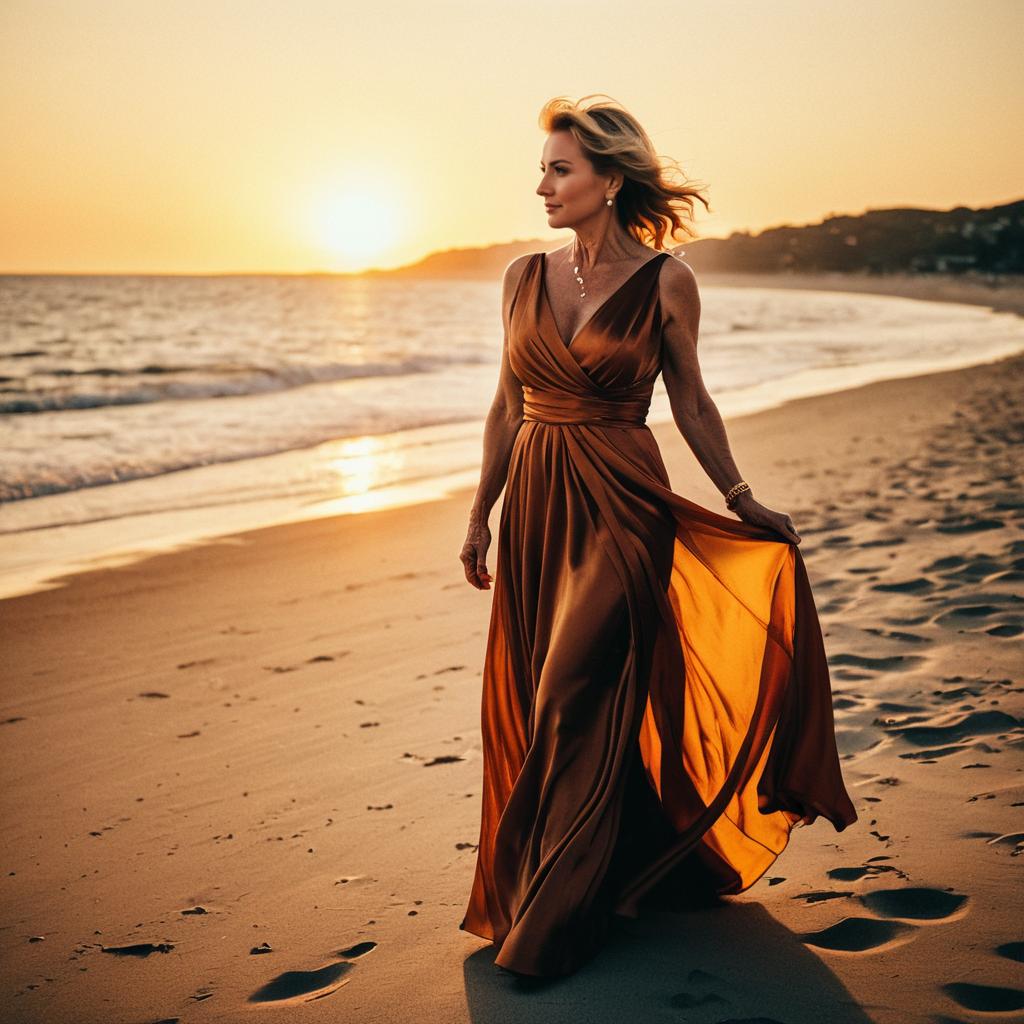 Elegant Woman in Flowing Brown Dress Walking on Beach at Sunset