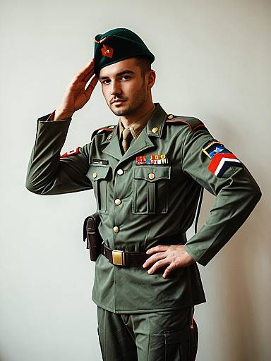 Man Cosplay Wearing Realistic Soldier Costume with Green Beret and Military Medals