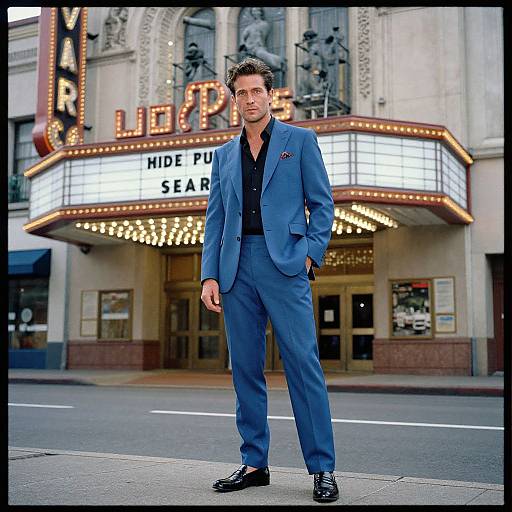 Man in Blue Suit Standing by Vintage Theater Marquee on City Street