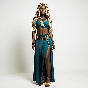 Confident Woman in Teal Costume with Gold Accents