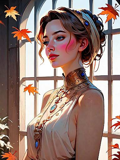 Elegant Fantasy Portrait of Woman in Autumn Setting with Ornate Jewelry