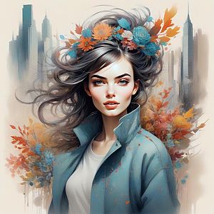 Young Woman with Floral Crown in Urban Landscape