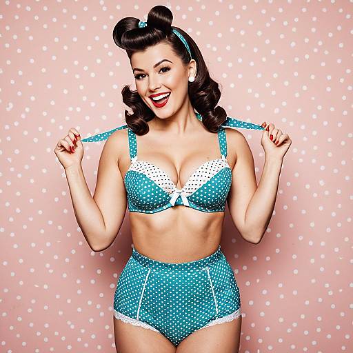 Retro 1950s Pin-Up Style Woman in Teal Polka Dot Bikini