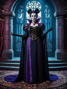 Woman in Disney Villain Costume Full Body Cosplay Photo in Fantasy Castle Background
