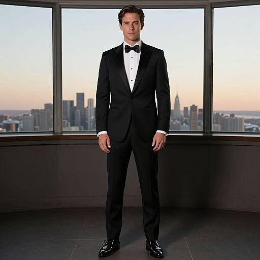 Man in Classic Black Tuxedo with Bow Tie Standing by City Skyline