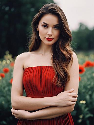 Woman in Red Pleated Midi Dress Outdoors with Flower Background
