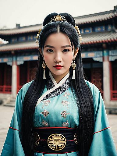 Traditional Chinese Costume Woman with Long Black Hair and Jewelry