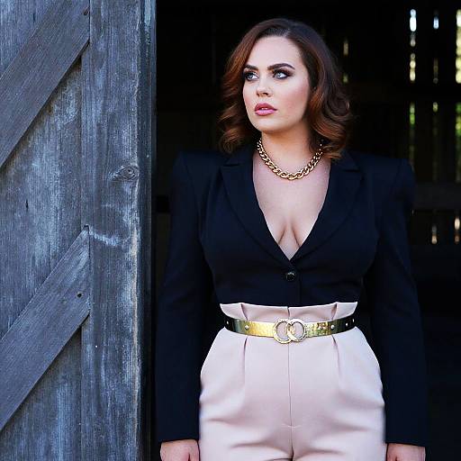 Chic Woman in Structured Black Blazer with High-Waisted Blush Trousers and Metallic Belt