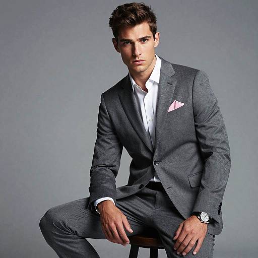 Confident Young Man in Grey Suit with Pink Pocket Square